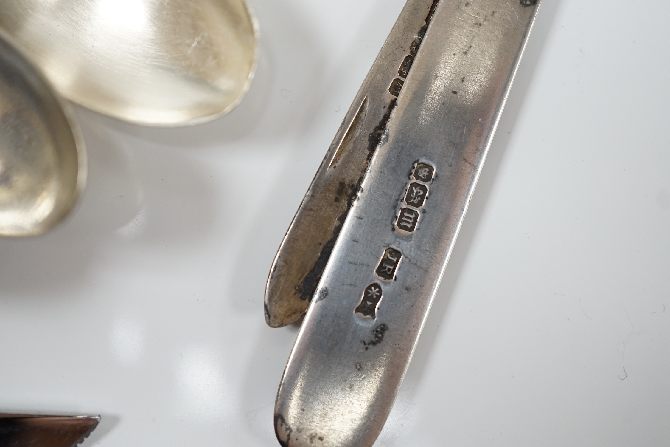 Sundry small silver, including flatware, pair of salts, a silver mustard pot and a silver fruit knife.